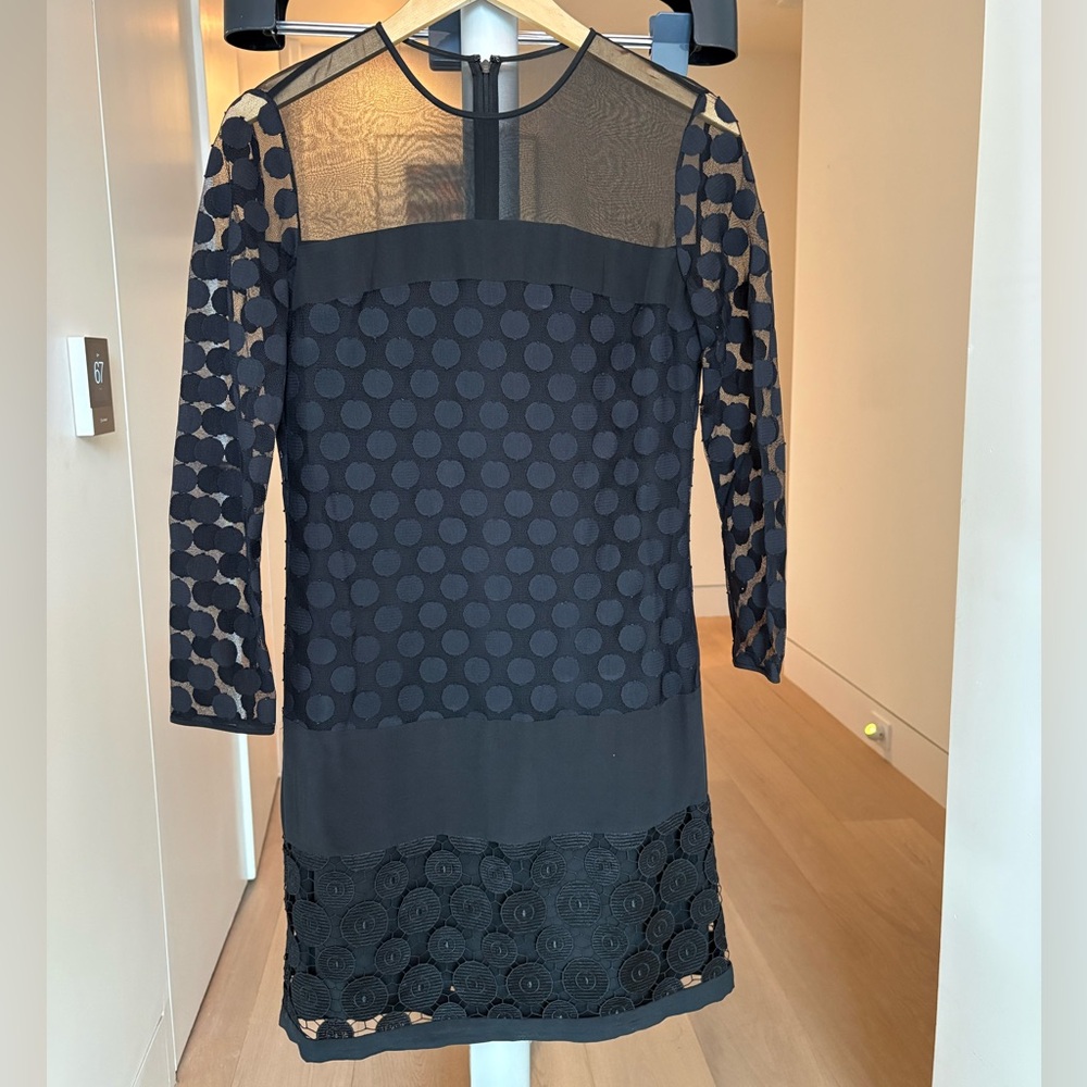 Diane von Furstenberg Black Shift Dress Size 4 | Sheer Polka Dot Mesh | Long Sle